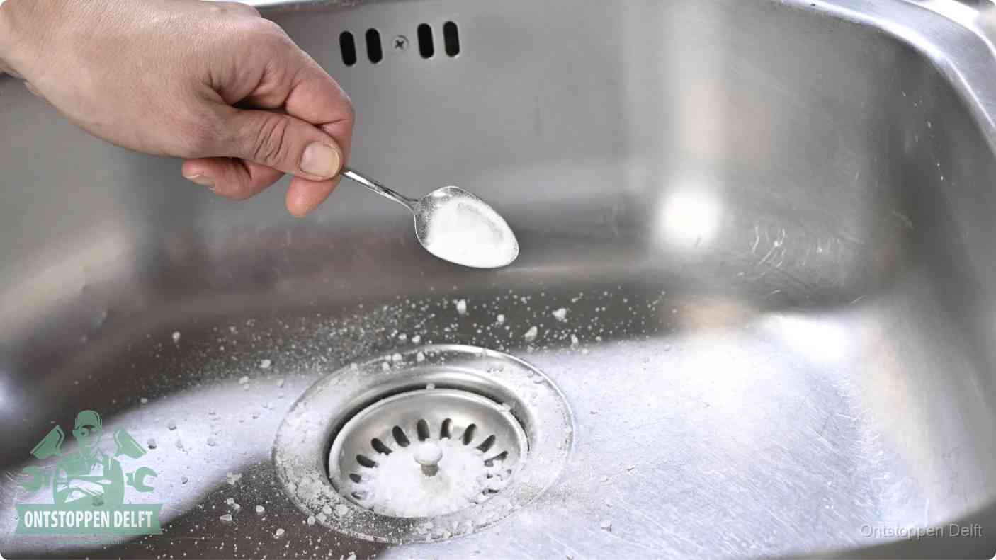 Een hand strooit met een lepel soda in de afvoer van een roestvrijstalen spoelbak, de soda en azijn huismiddel-methode om de afvoer te ontstoppen in Delft