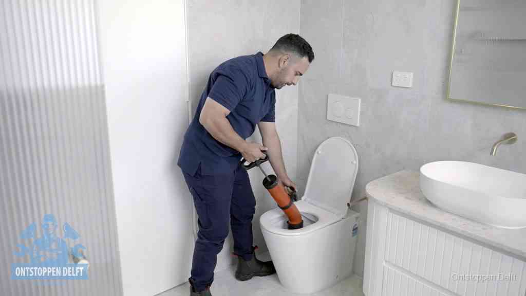 Een monteur buigt over een wandcloset en duwt met de hand een persluchtontstopper in de toiletpot om de verstopping handmatig los te maken in Delft