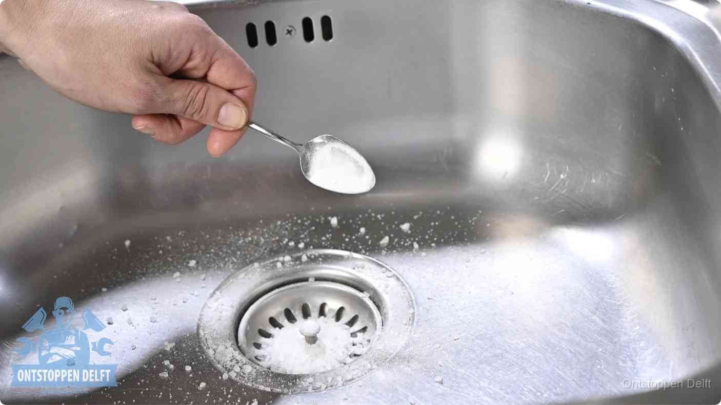 Hand strooit soda in de afvoer, riool ontstoppen met soda en azijn in Delft
