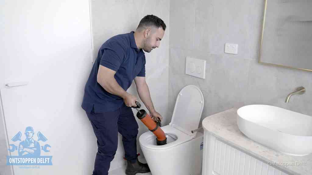 Een monteur gebruikt een handmatige perspomp (toiletontstopper) op een wandcloset tijdens het professioneel wc ontstoppen in Delft