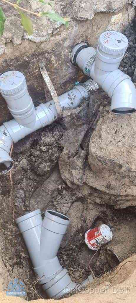 Uitgegraven PVC-rioolleiding waar wortelgroei de buis bereikt in Delft