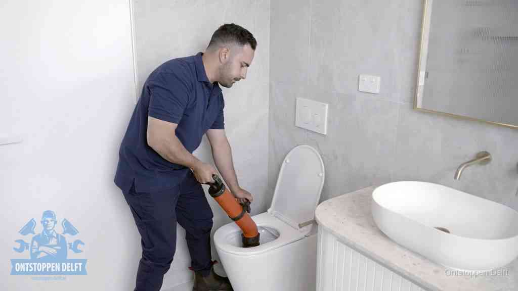 Een man gebruikt een handmatige luchtdruk-ontstopper in een modern betegeld toilet om zelf de wc te ontstoppen in Delft